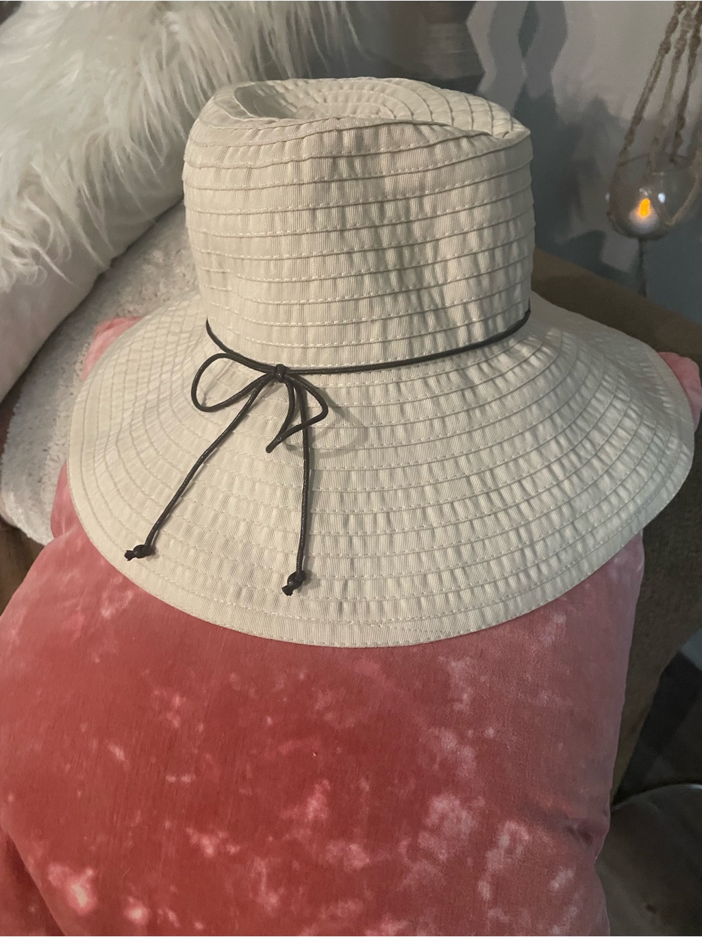 Cream Wide-Brim Sun Hat With Brown Chin Tie